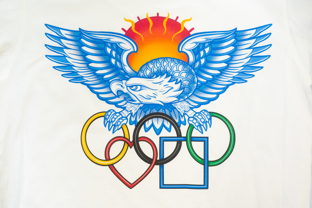 A BLUETILE SUMMER GAMES T-SHIRT ASH GREY with an eagle and Olympic rings on it, perfect for the Summer Games. (Brand Name: Bluetile Skateboards)