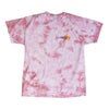 A Bluetile Skateboards pink tie dye t-shirt featuring a teddy bear.