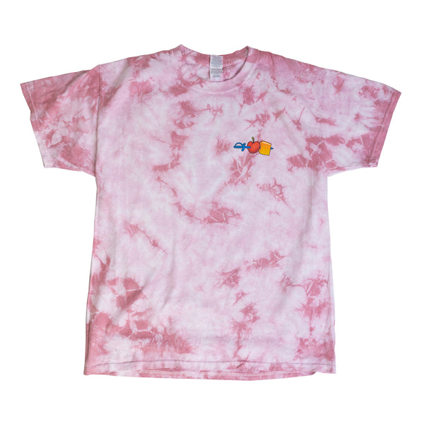 A Bluetile Skateboards pink tie dye t-shirt featuring a teddy bear.