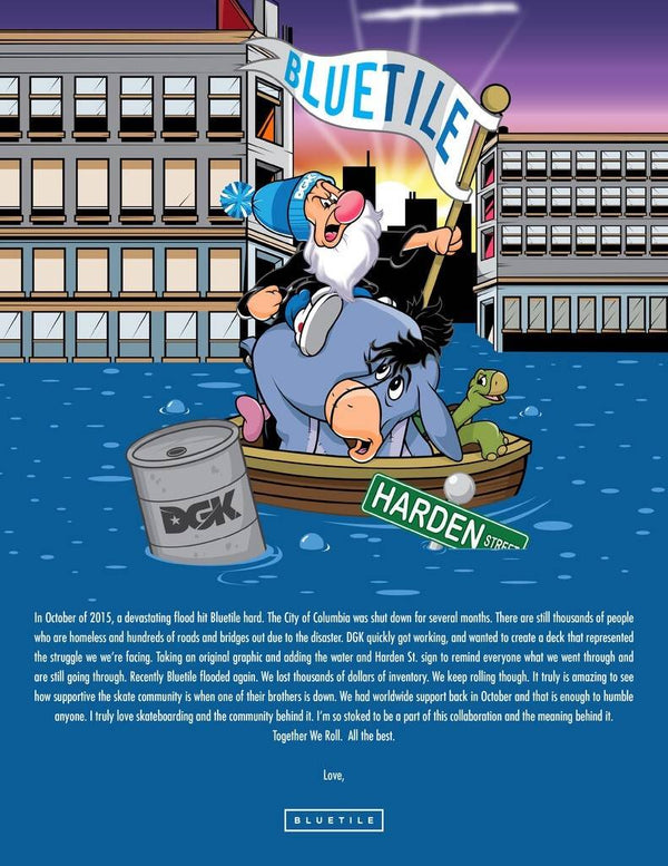 A Bluetile Skateboards comic book with a picture of a cartoon character in a boat.