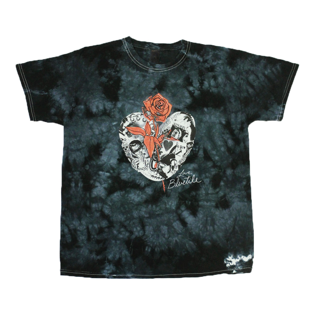 A BLUETILE COLLAGE HEART T-SHIRT TIE DYE with a rose on it.