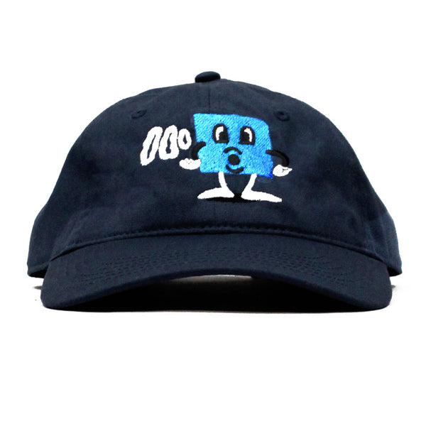 A Bluetile Puff Square Dad Hat Navy Blue with a cartoon character on it.