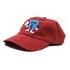 A BLUETILE PUFF SQUARE DAD HAT ANTIQUE RED with a cartoon character on it, made by Bluetile Skateboards.