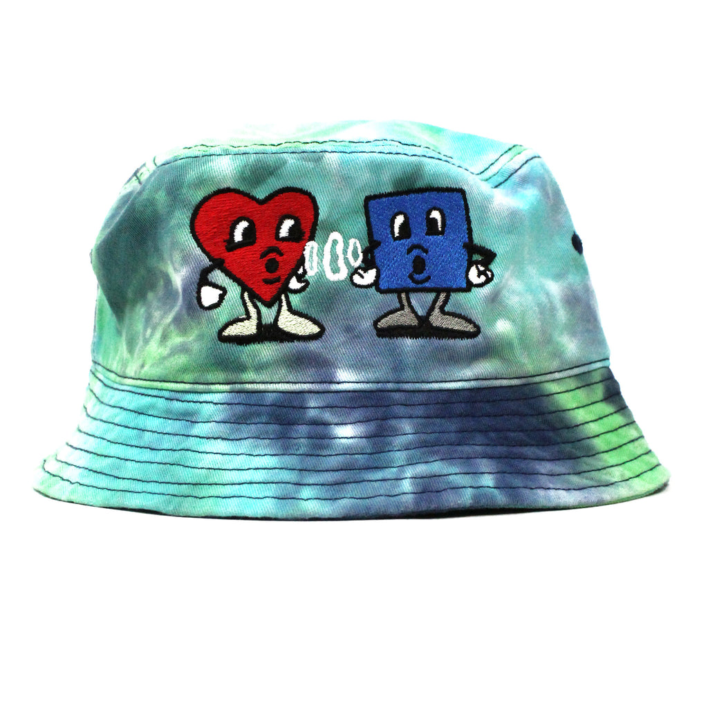 A Bluetile Skateboards BLUETILE 4/20 LOVE BUCKET HAT OCEAN with two hearts on it, symbolizing love.