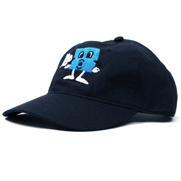 A Bluetile Skateboards navy blue hat with a cartoon character on it.