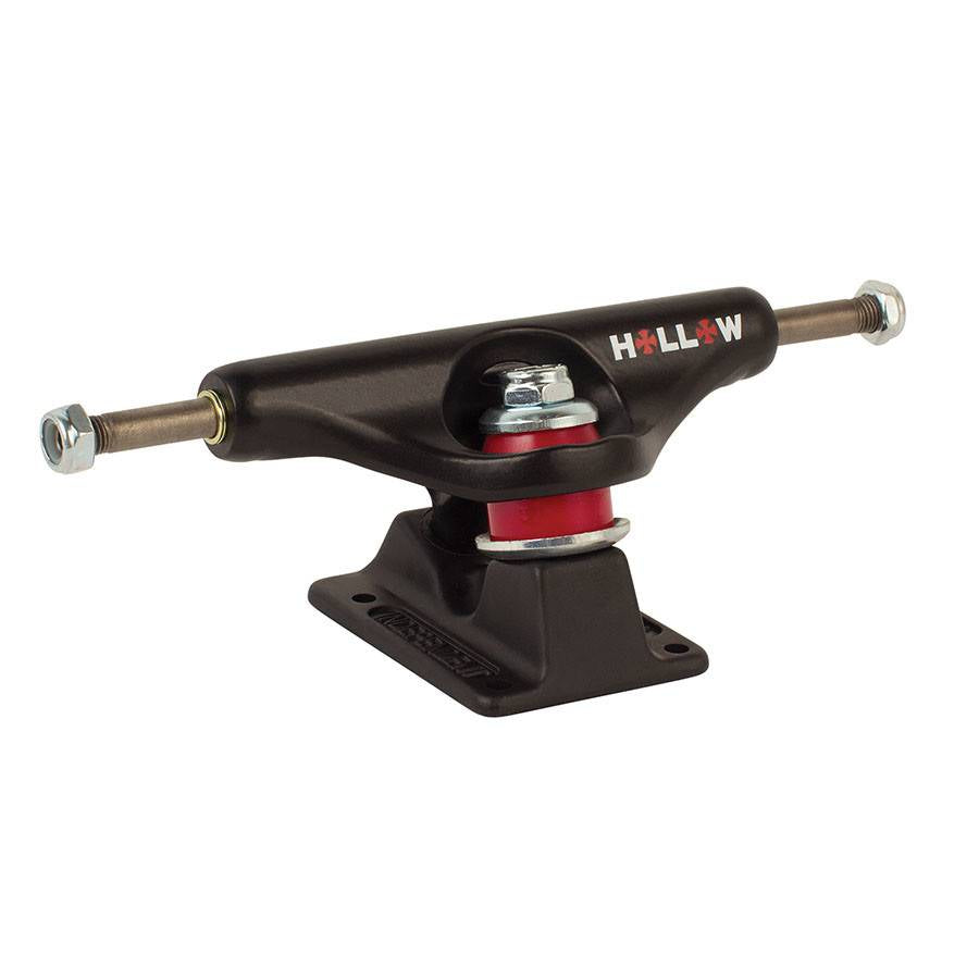 A black lightweight INDEPENDENT FORGED HOLLOW MATTE BLACK 144 skateboard truck on a white background.