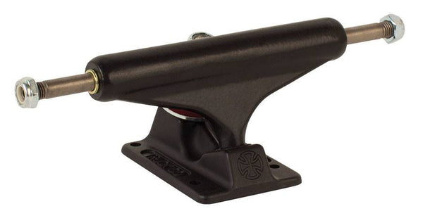 A lightweight INDEPENDENT FORGED HOLLOW MATTE BLACK 144 TRUCKS (SET OF TWO) skateboard truck with a forged baseplate on a white background.