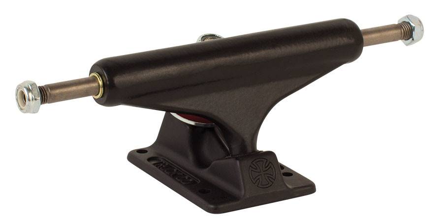 A lightweight INDEPENDENT FORGED HOLLOW MATTE BLACK 144 TRUCKS (SET OF TWO) skateboard truck with a forged baseplate on a white background.