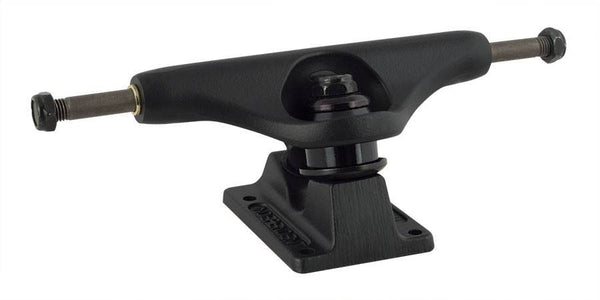 An INDEPENDENT BLACK OUT TC 144 TRUCKS (SET OF TWO) skateboard truck with grade 8 kingpin on a white background.