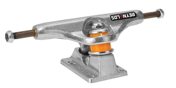 An INDEPENDENT REYNOLDS HOLLOW 144 STD TRUCKS (SET OF TWO) skateboard truck with a baseplate on a white background.