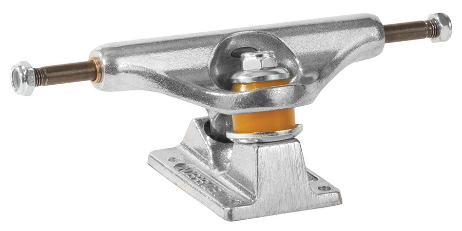 A polished silver INDEPENDENT 139 HOLLOW POLISHED skateboard truck on a white background.