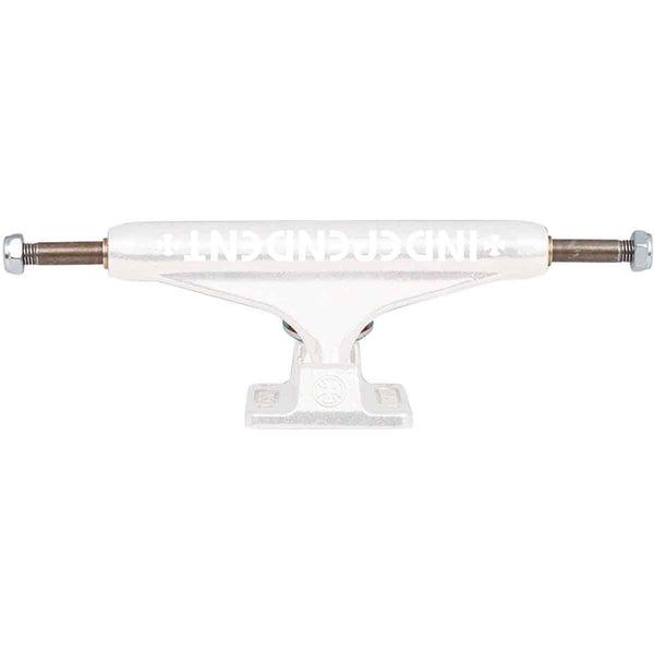 A white INDEPENDENT 144 BAR WHITEOUT skateboard truck with a white logo on it.