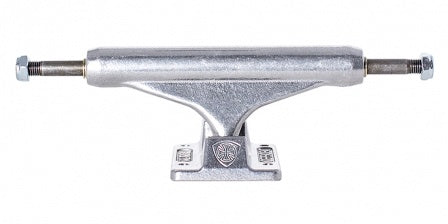 An INDEPENDENT MID 144 POLISHED TRUCKS (SET OF TWO) silver skateboard truck on a white background.