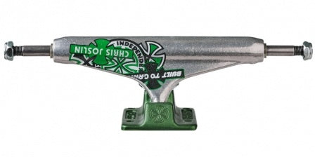 A skateboard truck with a green design on it, INDEPENDENT JOSLIN 144 FORGED HOLLOW GREEN (SET OF TWO), INDEPENDENT.