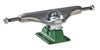 A set of two INDEPENDENT JOSLIN 144 FORGED HOLLOW green skateboard trucks on a white background.
