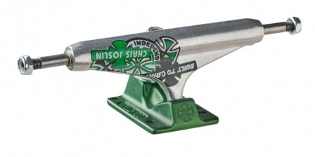 Two INDEPENDENT JOSLIN 144 FORGED HOLLOW GREEN skateboard trucks on a white background.