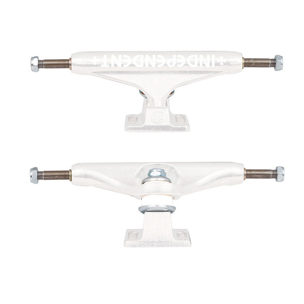 Two INDEPENDENT 144 BAR WHITEOUT (SET OF TWO) white skateboard TRUCKS on a WHITE background.