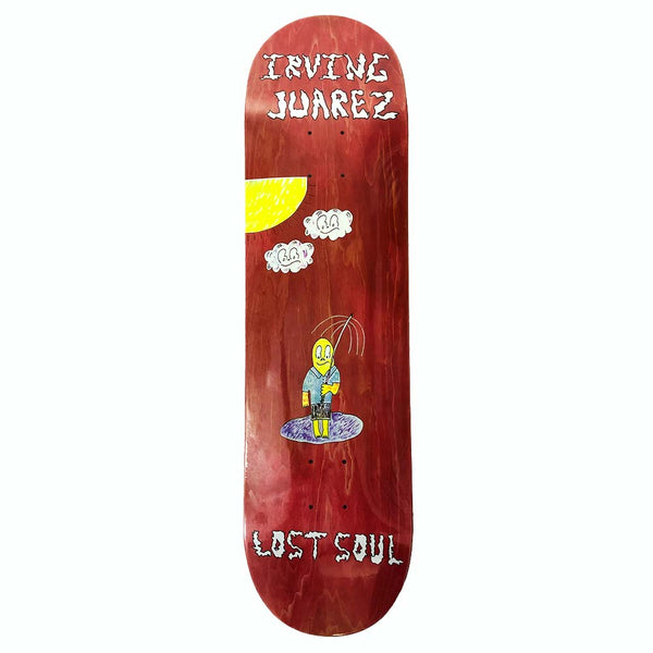 A skateboard deck from Lost Soul Skateboards with a maroon finish and the words "LOST SOUL" in a graffiti-style font, designed by Irving Juarez, named the LOST SOUL IRVING JUAREZ RAINY DAY.