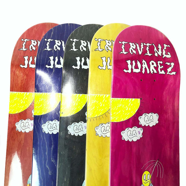 A skateboard deck from Lost Soul Skateboards with a maroon finish and the words "LOST SOUL" in a graffiti-style font, designed by Irving Juarez, named the LOST SOUL IRVING JUAREZ RAINY DAY.