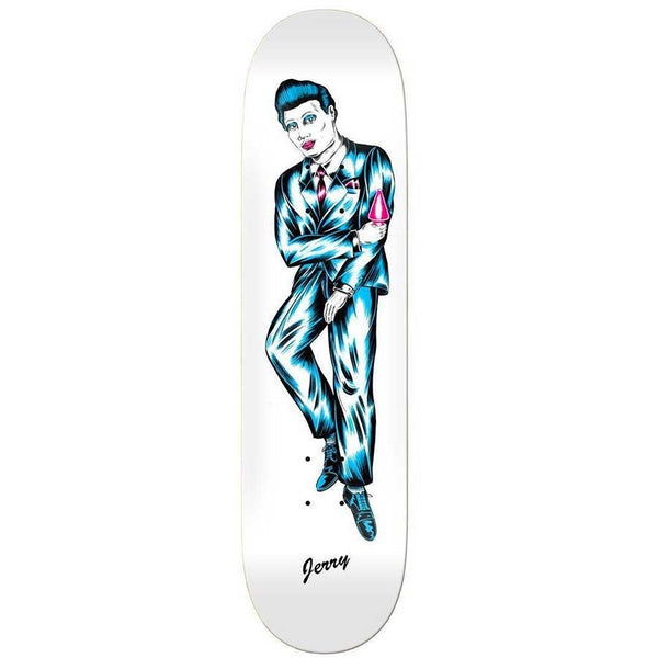 An ANTIHERO GRIMPLESTIX HSU BOYS OF SUMMER 8.38 skateboard featuring a drawing of a man in a suit, designed by the talented artist Jerry Hsu. This eye-catching skateboard is inspired by the iconic Boys of Summer.