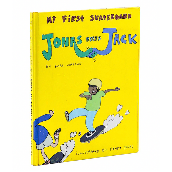 A cover of a yellow book with a kid skateboarding.