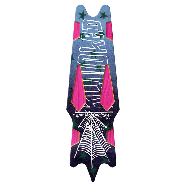 A KROOKED GONZ PHANTOM skateboard with a spider web design.