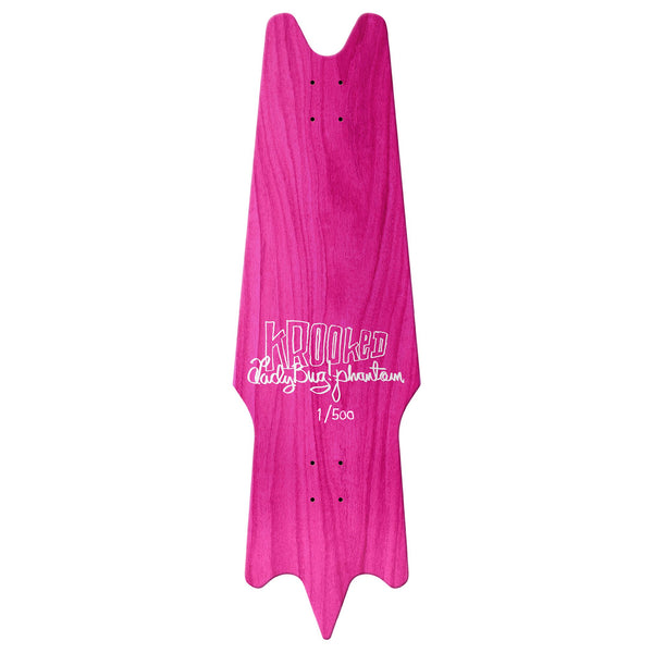 A KROOKED GONZ PHANTOM skateboard with a white logo on it.