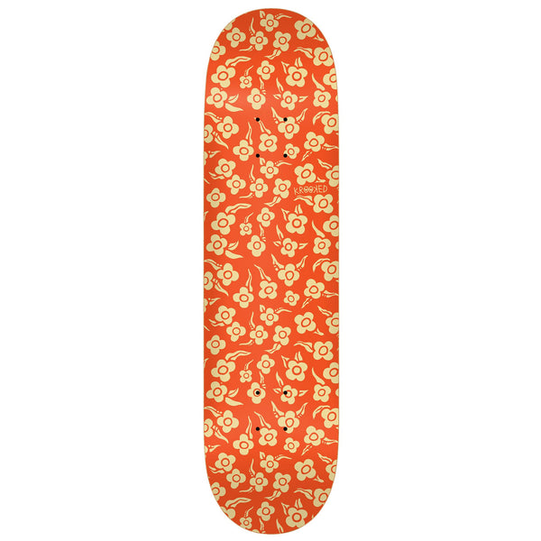 The KROOKED FLOWERS PRICE POINT skateboard deck features an orange background adorned with a cream floral pattern of delicate flowers, embodying the signature style of KROOKED.