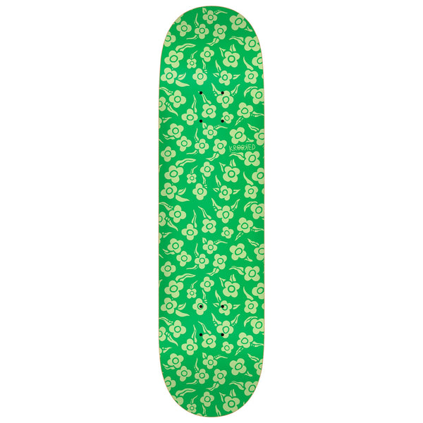 Check out the KROOKED FLOWERS PRICE POINT skateboard deck, featuring a green background adorned with a white floral pattern. At 8.38 inches, this stylish and affordable board from KROOKED is perfect for any skater looking to stand out.