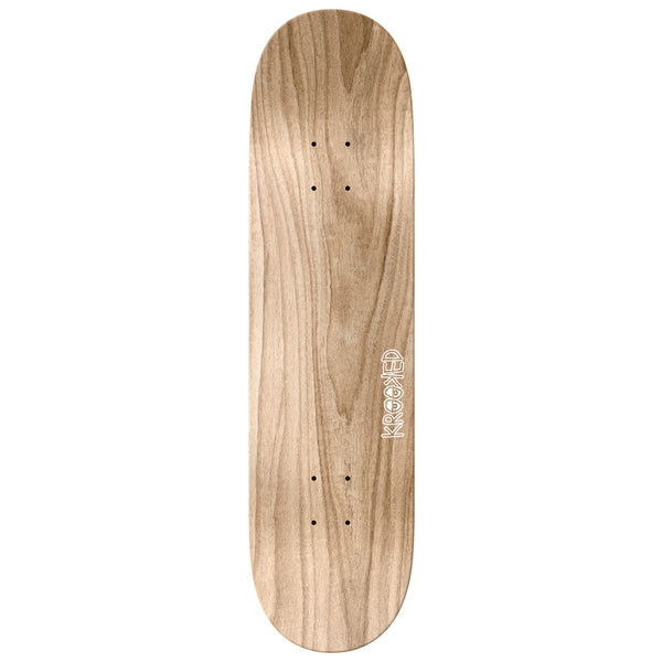 A plain wooden KROOKED FLOWERS PRICE POINT skateboard deck, featuring a small white "Krooked" logo on the lower right side, blooms with a subtle floral design, offering an elegant touch without sacrificing quality at a competitive price point.