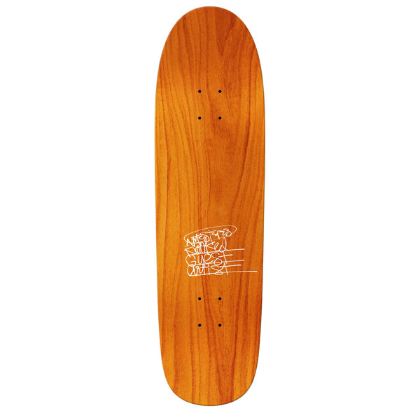 The KROOKED NATAS ART BY NATAS skateboard deck by KROOKED features Natas art with a white abstract graphic centered on wood grain and measures 8.88".