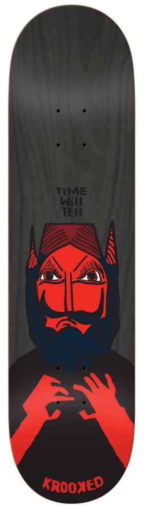 The KROOKED TIME WILL TELL LARGE deck by KROOKED showcases a stylized red and black Gonz devil graphic with a bearded figure, plus "TIME WILL TELL" and "KROOKED" on its wood grain surface.