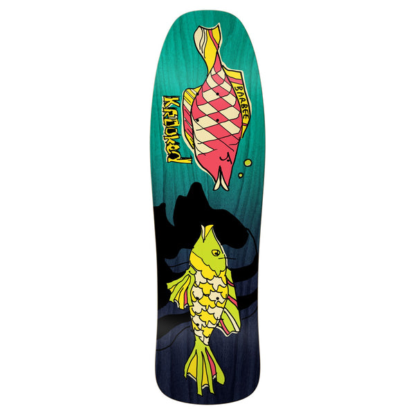 The KROOKED BARBEE FRIENDS skateboard deck by KROOKED features a teal and black gradient, illustrated red and yellow fish, "KEFLUNK" and "BRAKE" at the top, and a wide 9.5 shape.