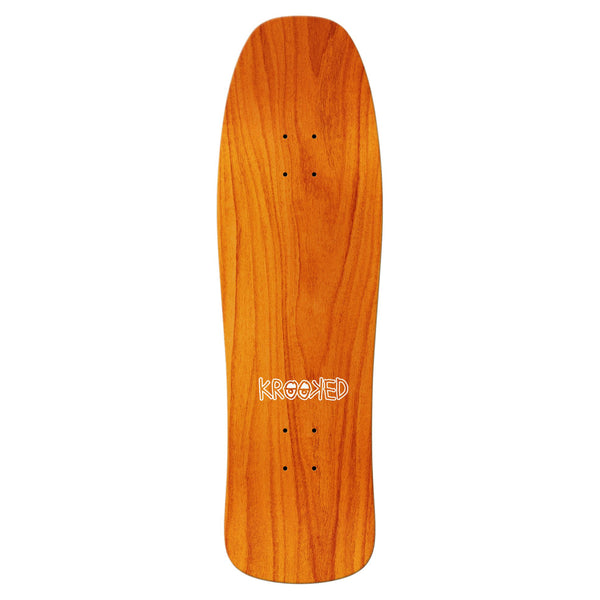 The KROOKED BARBEE FRIENDS skateboard deck by KROOKED features a natural wood finish, "Krooked" in white at the bottom, and a wide 9.5-inch shape—perfect for fans of BARBEE FRIENDS.