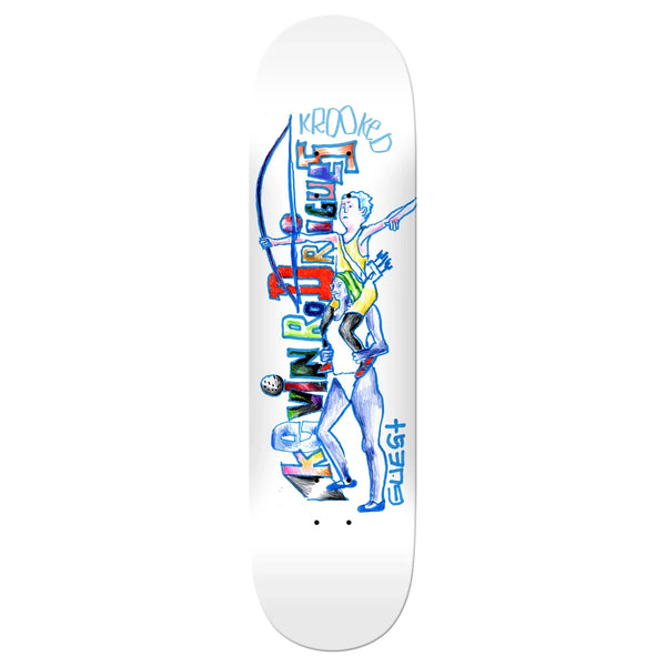 A REAL KROOKED KEVIN RODRIGUES GUEST skateboard with a drawing of a man on it.