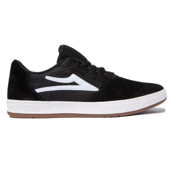 A LAKAI BRIGHTON BLACK SUEDE skate shoe with a white logo.