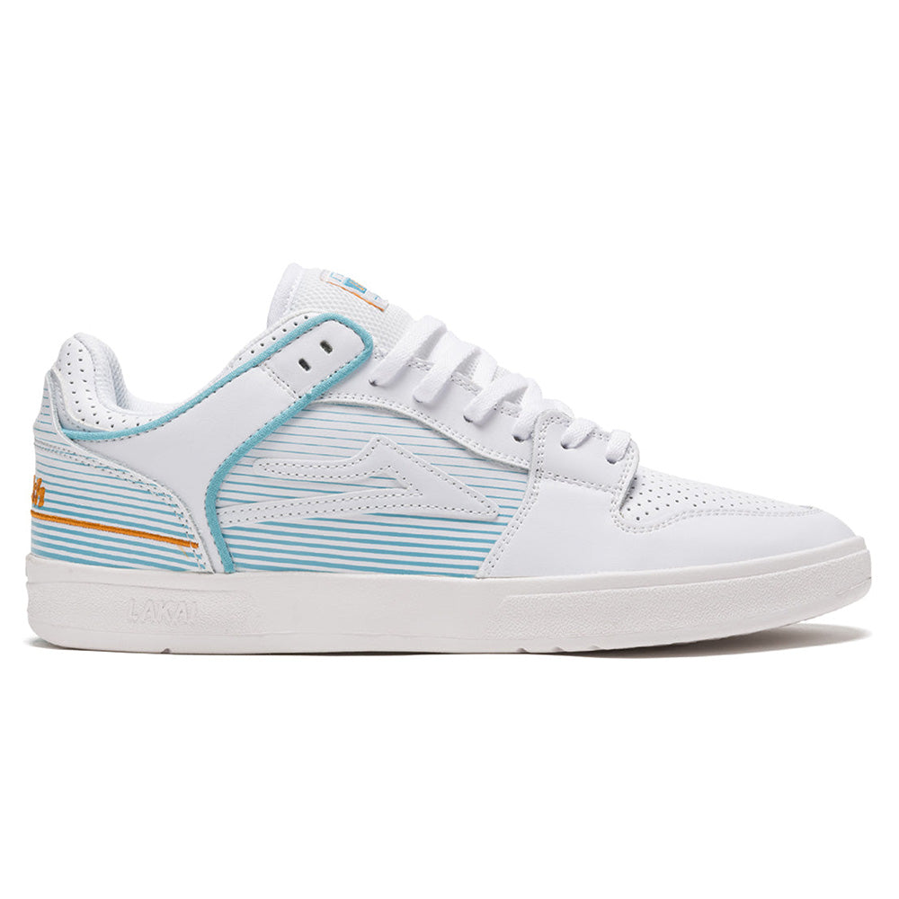 A LAKAI ROB WELSH TELFORD LOW WHITE LEATHER skate shoe with a blue stripe and white accents by LAKAI.