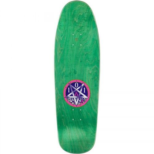 A 101 NATAS KAUPAS DEVIL WORSHIP REISSUE NEON 9.625 skateboard with a purple logo on it from the brand 101 HERITAGE.