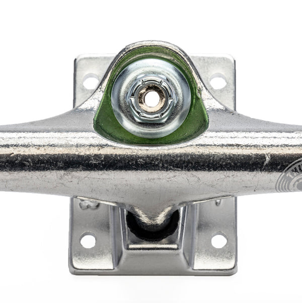 An image of a THUNDER skateboard truck with a green nut from THUNDER TRUCKS 149 POLISHED LIGHTS II (SET OF TWO).
