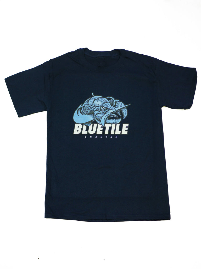 A BLUETILE BLUE LOBSTER T-SHIRT with the word butte on it. (Brand Name: Bluetile Skateboards)