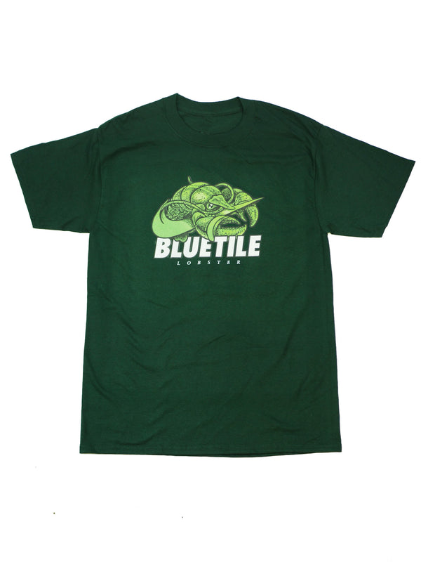 A BLUETILE GREEN LOBSTER T-SHIRT with the word Bluetile Skateboards on it.