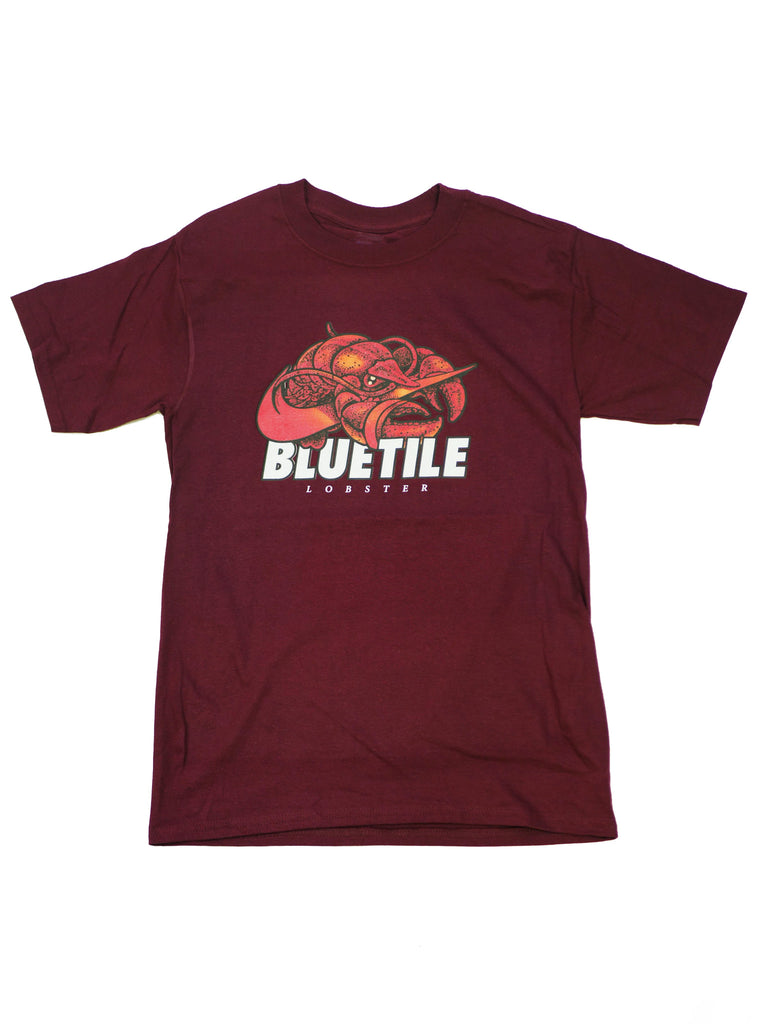 A BLUETILE RED LOBSTER T-SHIRT with the word Bluetile Skateboards on it.