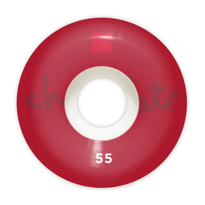 A red CHOCOLATE skateboard wheel with a white center.