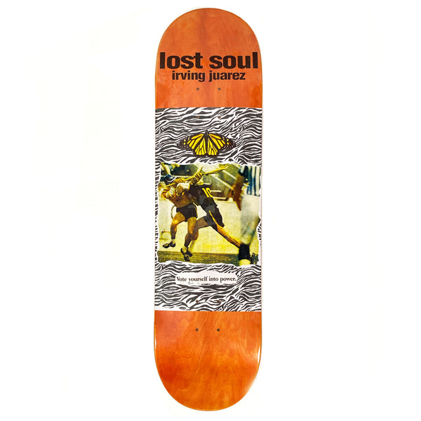 A close up of a Lost Soul Skateboards Irving Juarez Smashing Modems skateboard on a white background.