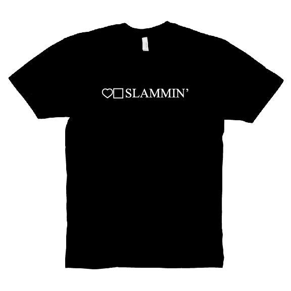 A BLUETILE X SLAMMIN LOVESLAMMIN T-SHIRT BLACK with the word SLAMMIN on it by Bluetile Skateboards.