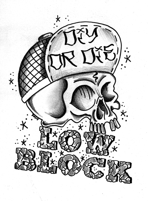 Create your own LOW BLOCK DIY OR DIE T-Shirt design featuring a skull graphic with the words "low block" on it, from Bluetile Skateboards.