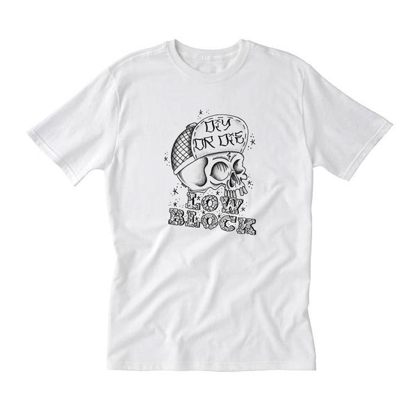 A Bluetile Skateboards LOW BLOCK DIY OR DIE T-SHIRT WHITE with an image of a skull.