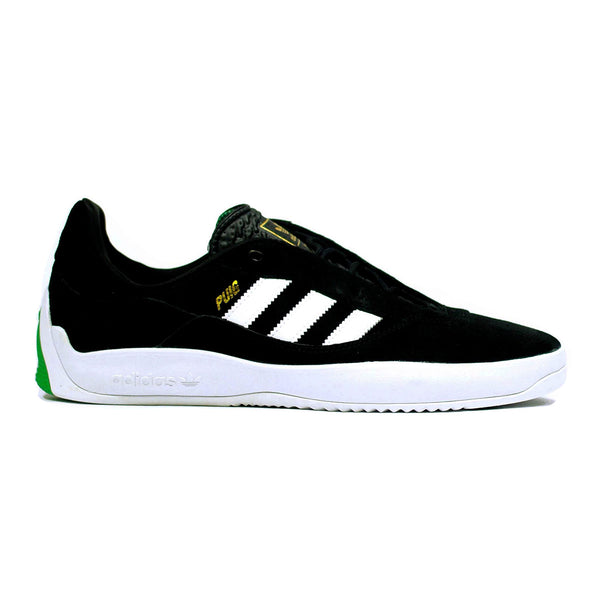 A black ADIDAS PUIG CORE BLACK / WHITE / GREEN shoe.