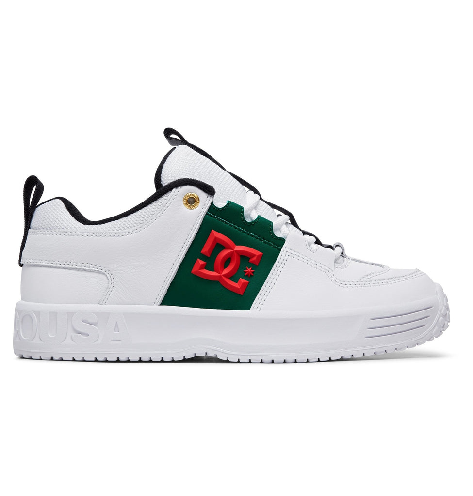 A DC LYNX OG LUXE PACK WHITE/GREEN shoes with a green and red logo, part of the Luxe Pack collection.