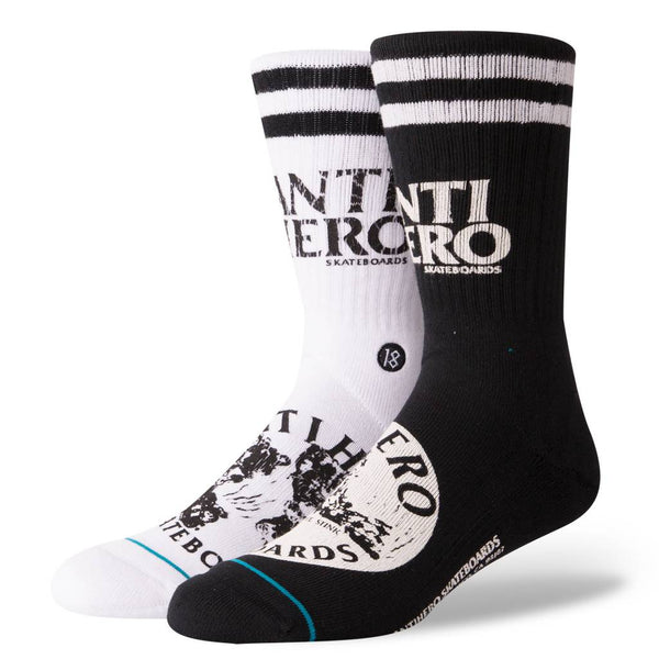 A pair of STANCE socks with a black and white design.